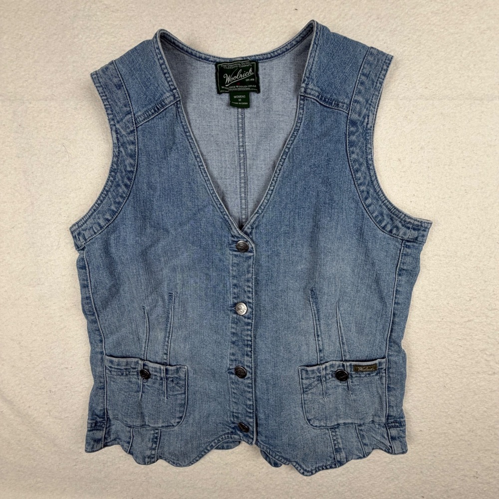 Woolrich Womens Medium Wash Denim Button Front Vest Cinch Back Scalloped Hem M